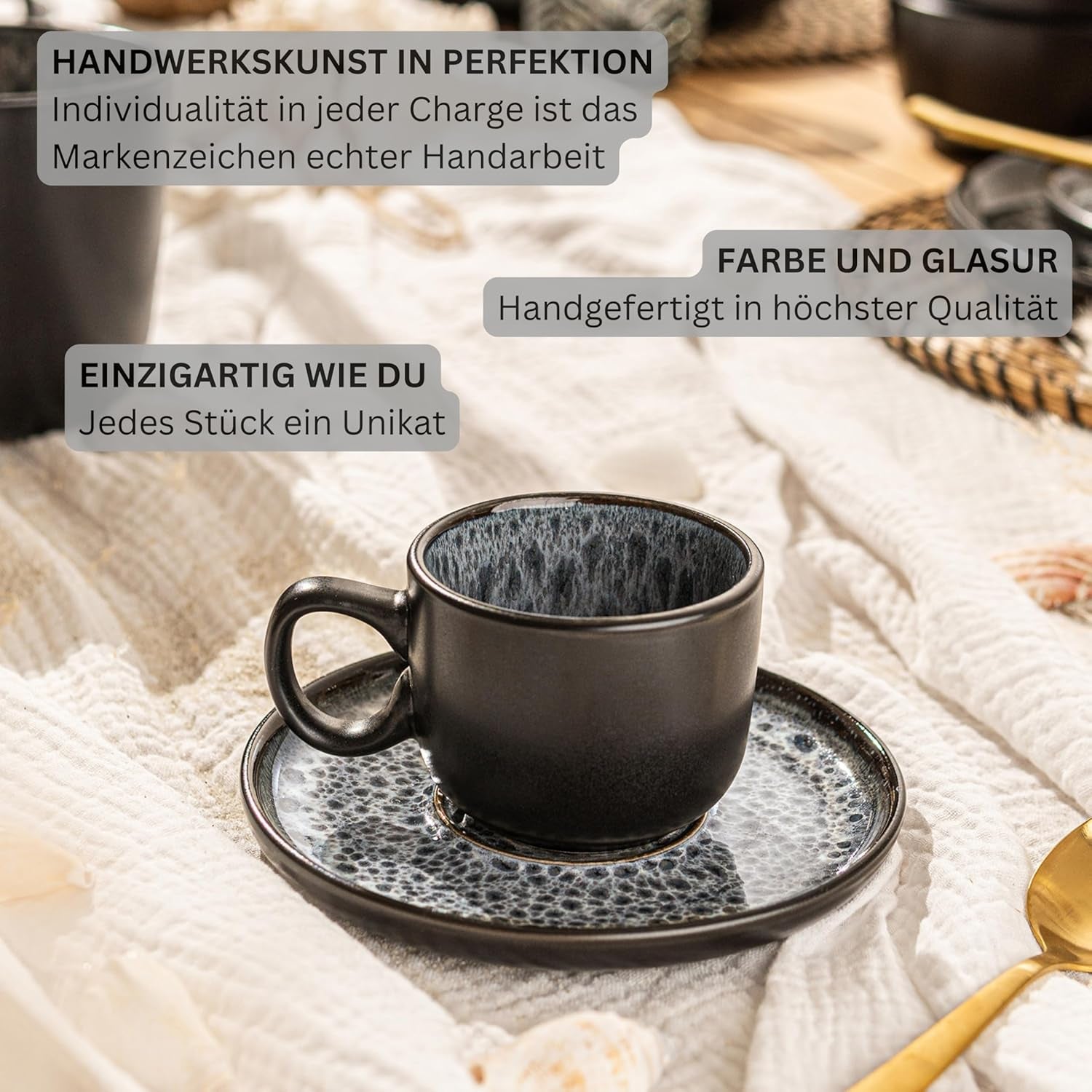 SANGER Sydney | Zestaw 12 filiżanek ceramicznych do espresso, Zestaw filiżanek do mokki na 6 sztuk, Filiżanki i spodki, Można myć w zmywarce i używać w kuchence mikrofalowej, Ciemnoszary, 80 ml | KOLEKCJA WARTOŚCIOWA