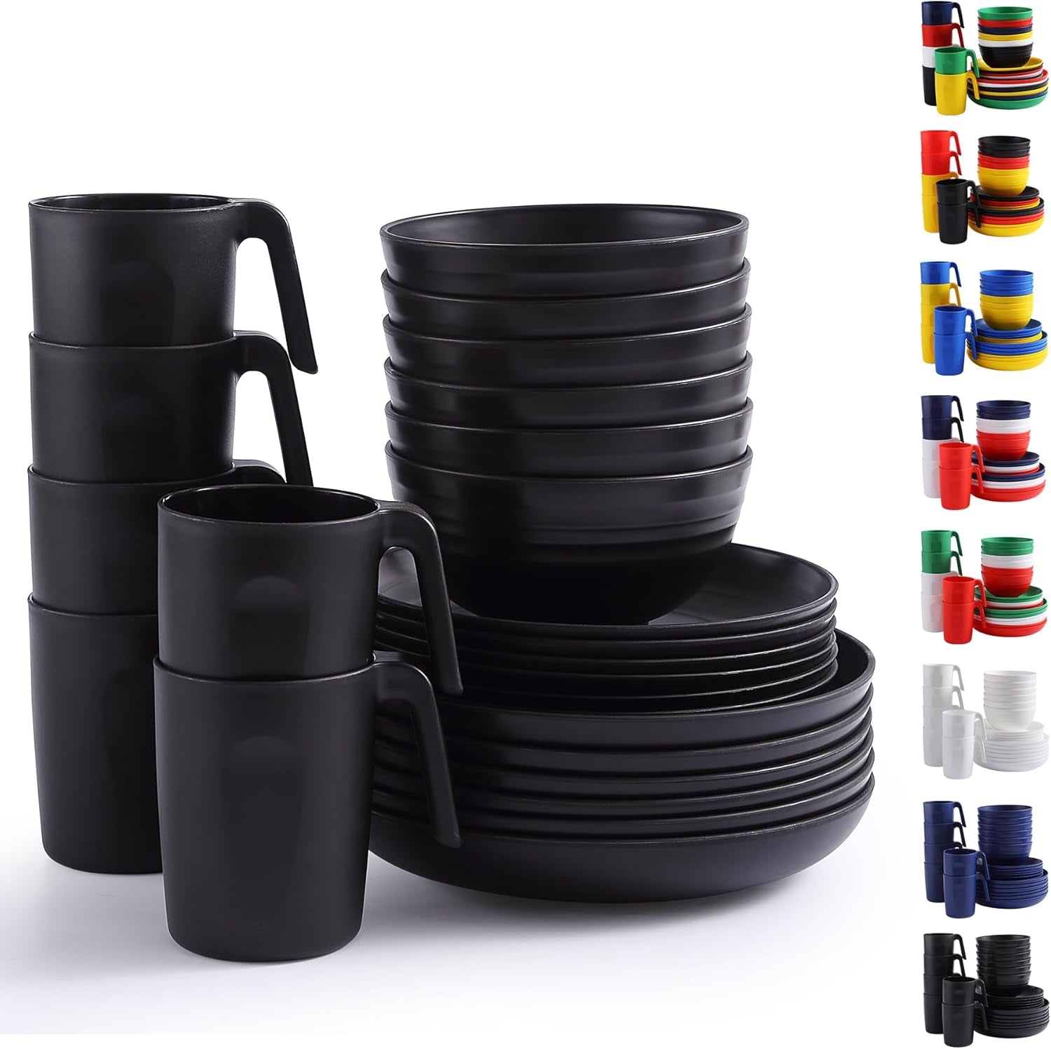 Zestaw obiadowy Berglander z czarnego plastiku, 24 elementy, 6 talerzy i misek wielokrotnego użytku, w tym talerze obiadowe, talerze deserowe, miseczki na płatki i kubki do domu, ogrodu i pikników
