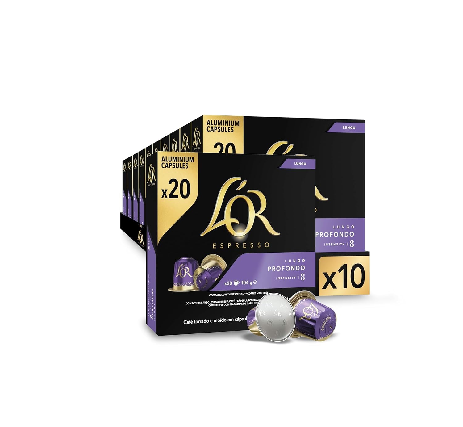 L'OR Espresso Koffiecups Lungo Profondo (200 kapsułek Lungo Koffie, Gesicht voor Nespresso* Koffiemachines, Intensywność 08/12, 100% Arabica Koffie, UTZ Gecertificeerd), 10 x 20 filiżanek