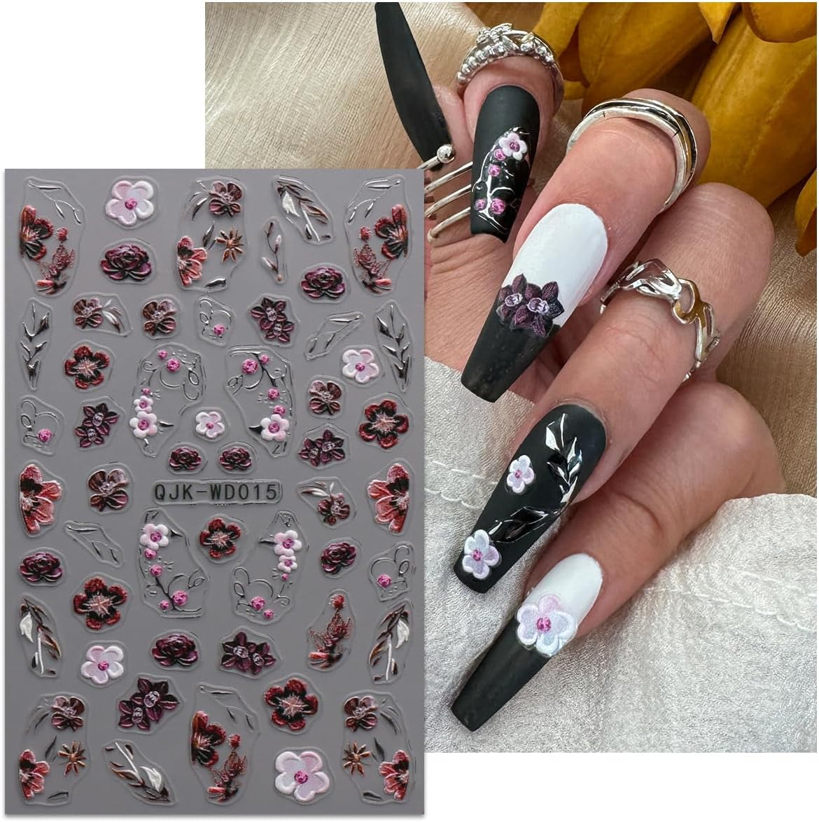 JMEOWIO Nagelsticker Schwarz Weiße Blume 6 Blatt Nail Art Naklejka Selbstklebend Nagelaufkleber Frühling Letnia dekoracja kwiatowa Nageldesign Zubehör
