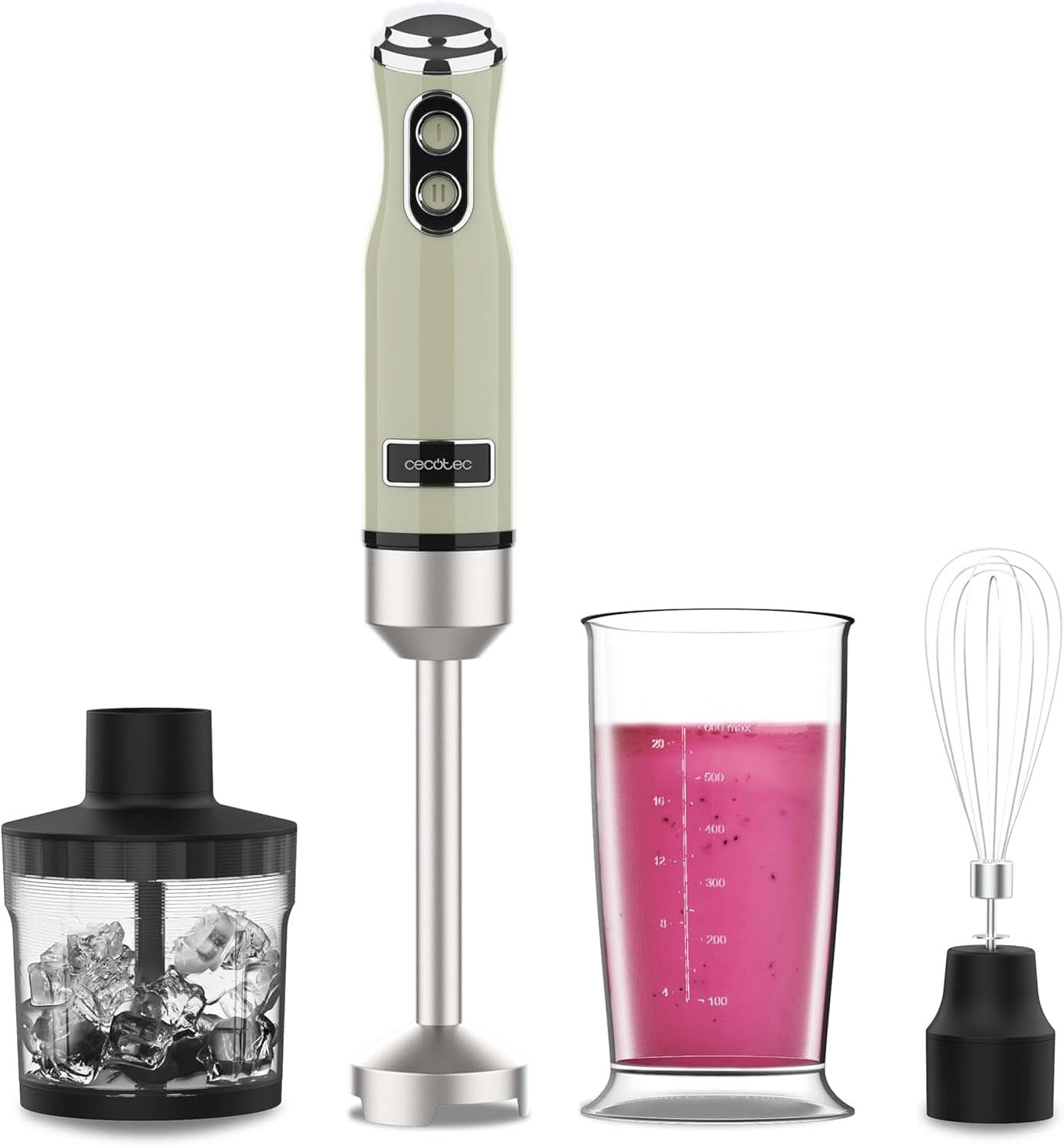 Cecotec Stabmixer Power Retrogreen 1200MAX Cream&Crush, Maximalleistung 1200 W, technologia Crossblades, 2 prędkości, Zubehörset Spülmaschinenfest, Spritzschutzhaube Kitchen Naty Shop