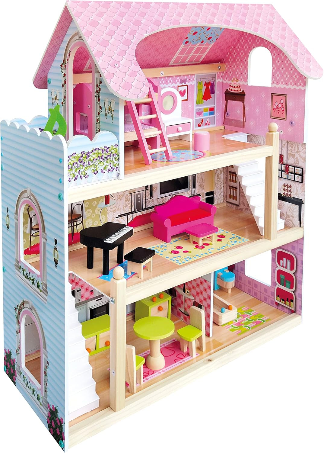 Bino World of Toys Domek dla lalek z balkonem, Zabawka dla małych dzieci od 3 lat, z 3 piętrami, schodami, 4 pokojami i balkonem w tym. 15-TLG. Akcesoria, Aby promować umiejętności dzieci, Różowe domki dla lalek Naty Shop