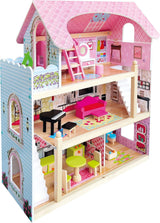 Bino World of Toys Domek dla lalek z balkonem, Zabawka dla małych dzieci od 3 lat, z 3 piętrami, schodami, 4 pokojami i balkonem w tym. 15-TLG. Akcesoria, Aby promować umiejętności dzieci, Różowe domki dla lalek Naty Shop