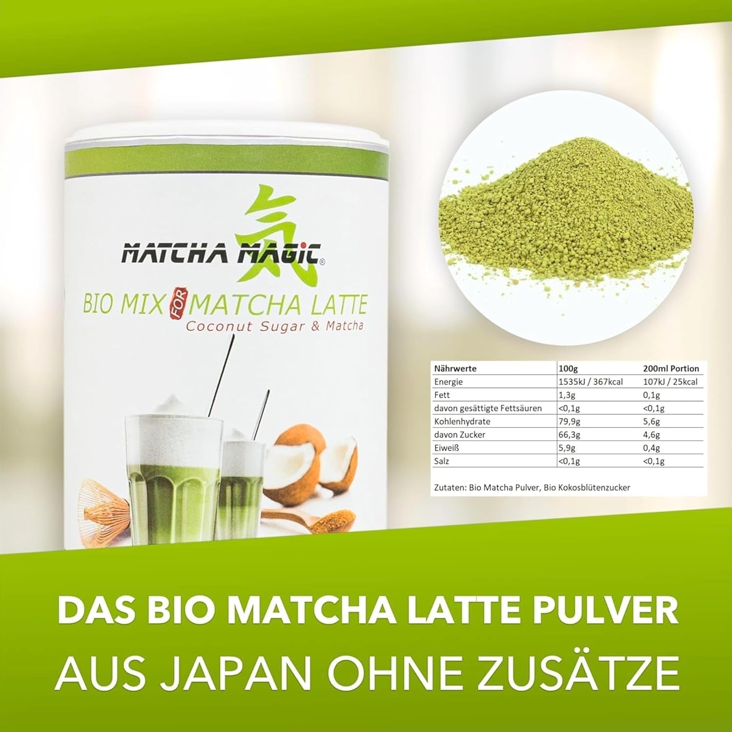Matchamagic - Organiczna matcha latte w proszku z Japonii z cukrem z kwiatów kokosa do pysznej herbaty