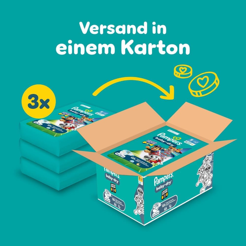 Pieluchy Pampers Baby-Dry Puppy Patrol Edition, rozmiar 5, 186 pieluszek, 11–16 kg, do 100% ochrony przed wyciekami i komfortu przez całą noc