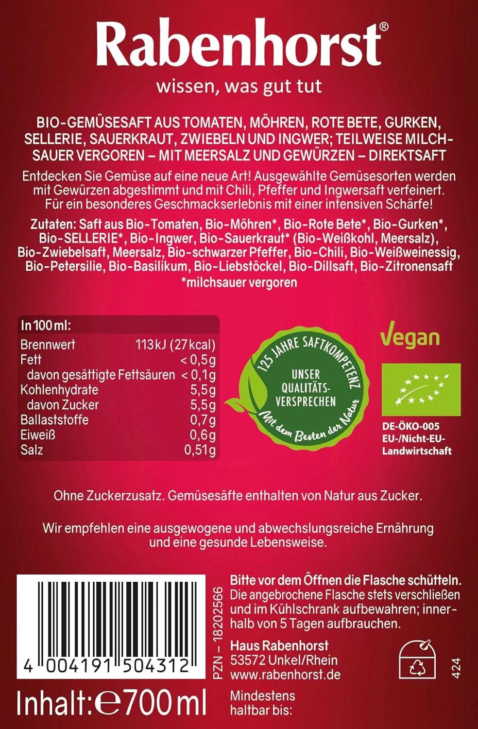 RABENHORST (6 x 700 ml) - Wysokiej jakości sok warzywny z różnych warzyw o intensywnie pikantnym smaku Napoje bezalkoholowe Naty Shop