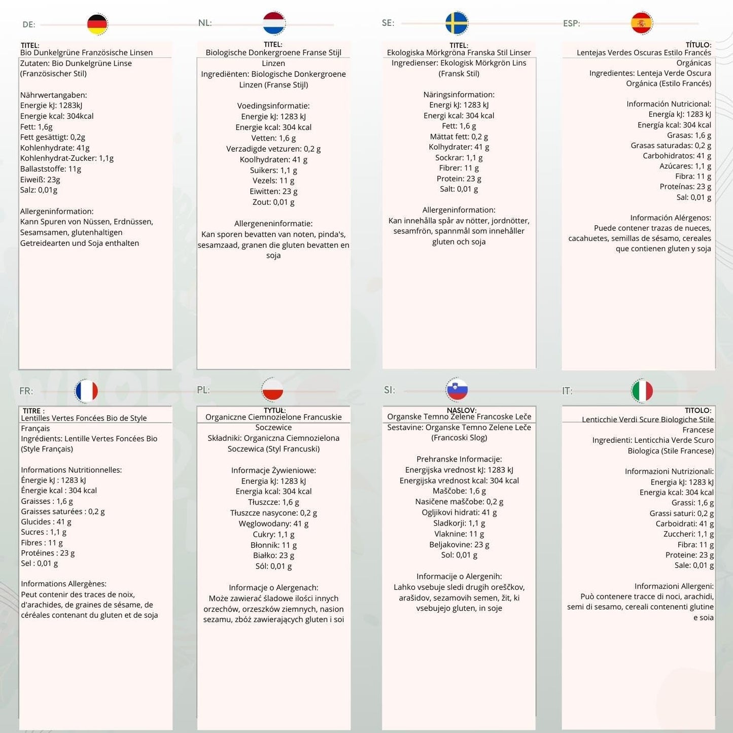 Pełnoziarnista, ekologiczna soczewica francuska w stylu francuskim, ciemnozielona 1kg bez GMO | wegańskie | Bogaty w błonnik | Bogaty w białko | Certyfikowane organiczne