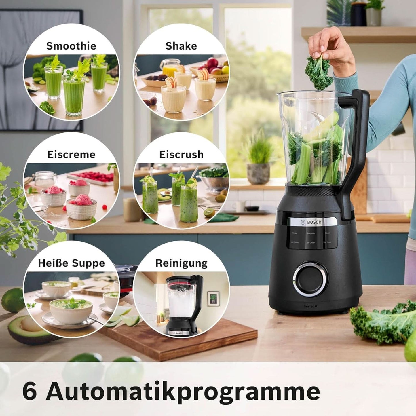 Mikser stojący szybkoobrotowy Vitapower Serie 6 MMBD665B1, 45 000 obr./min, 6 programów Inkl Heiße Suppe & Reinigung, 2 l Mixbehälter, Stopfer, Spülmaschinenfeste Teile, Made in Europe, 1800 W, Schwarz Kitchen Naty Shop