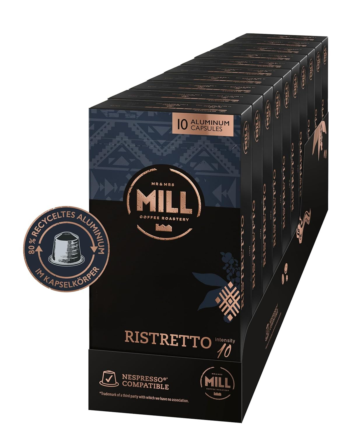 Kaffeekapseln Ristretto, 100 Kapseln für Kapselmaschinen (10x10), 80% aluminium pochodzącego z recyklingu w Kapselkörper