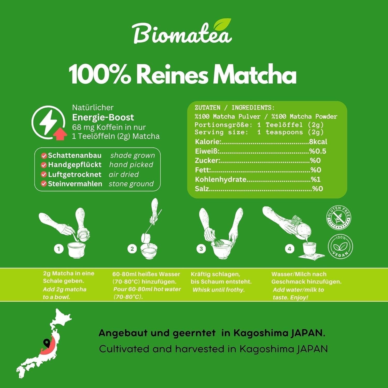 50 g ceremonialnej herbaty Matcha z Japonii – 100% naturalna, wolna od pestycydów i przetestowana – mielona w kamieniu – japońska herbata w proszku Moegi Matcha Premium