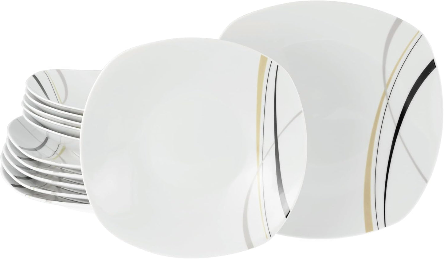 CreaTable 24029 Square City Line Series 6-osobowy porcelanowy zestaw obiadowy 12-częściowy Można myć w zmywarce i używać w kuchence mikrofalowej Jakość produkcji