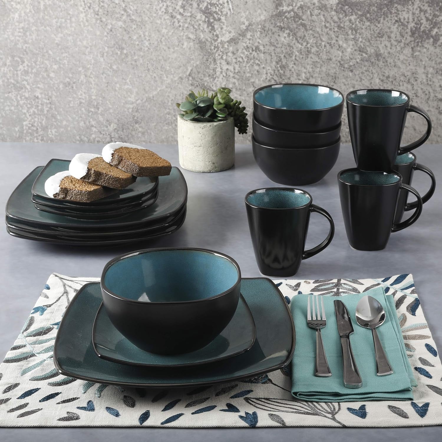 Gibson 99813.16R Elite Soho Lounge Reactive Glaze 4-osobowy zestaw naczyń obiadowych, 16-częściowy, niebiesko-zielony/czarny efekt dwukolorowy