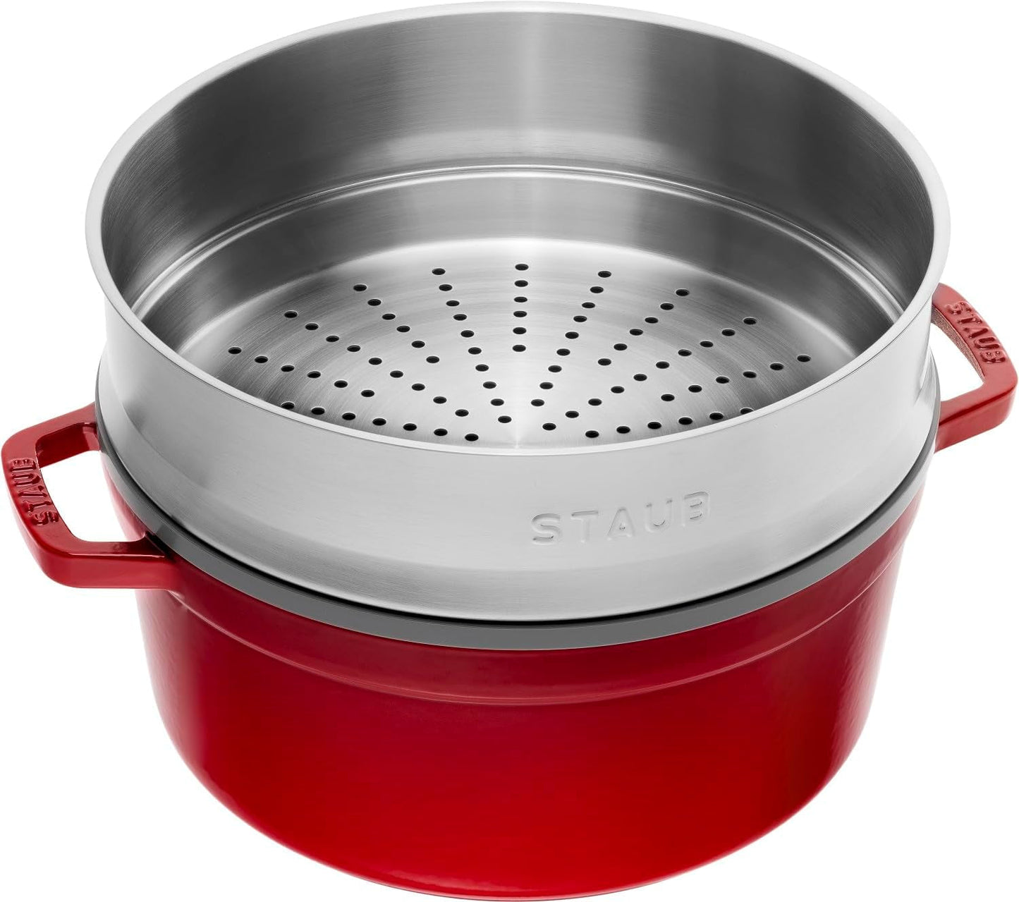 STAUB Gusseisen Bräter/Cocotte, Mit Dämpfeinsatz Aus Edelstahl, Rund 26 Cm, 5,2 L, Aromaregen Funktion Für Optimale Befeuchtung, Für Alle Herdarten Inkl. Indukcja i Backofen, Kirschrot, Rot Formy i blachy do pieczenia Naty Shop
