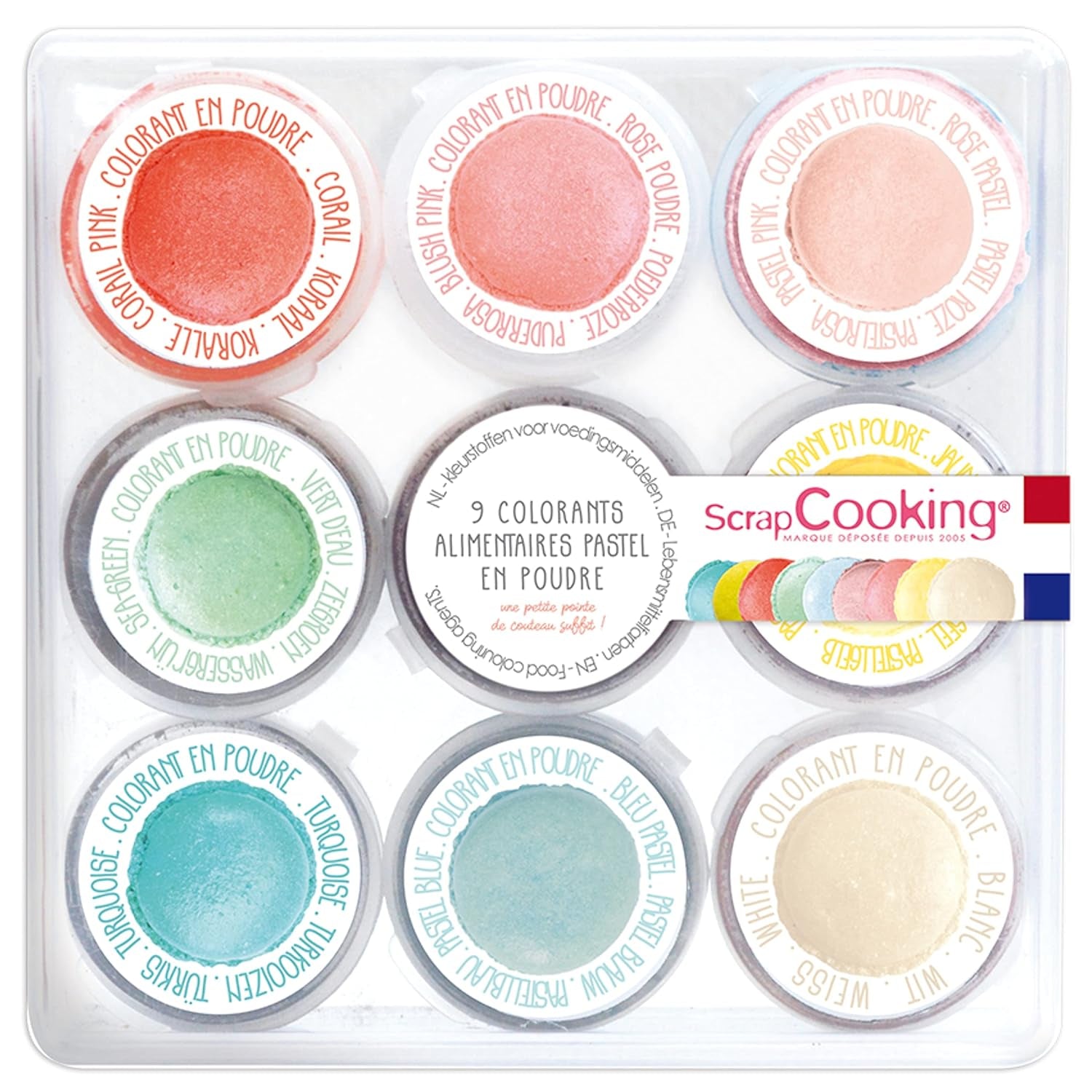 Scrapcooking - Zestaw 9 pastelowych barwników spożywczych - Niebieski, Żółty, Koralowy, Różowy, Turkusowy, Limonkowy Zielony, Biały, Aqua Zielony, Pudrowy Róż - Jadalny proszek barwiący do ciast, babeczek, makaroników - 4272
