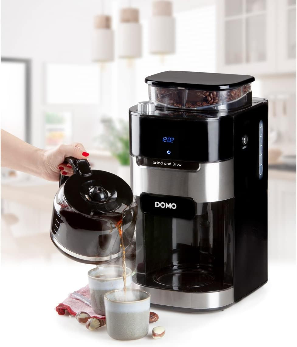 Ekspres DOMO DO721K „Grind and Brew” - Funkcja od ziarna do filiżanki - Wyświetlacz LCD - Do kawy mielonej lub całych ziaren - 1,5 L