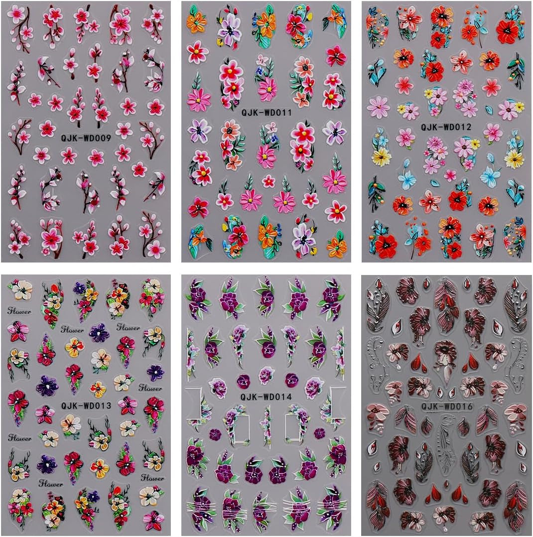 JMEOWIO Nagelsticker Blumen 6 Blatt Nail Art Naklejka Selbstklebend Nagelaufkleber Sommer Blumen Dekoration Nageldesign Zubehör