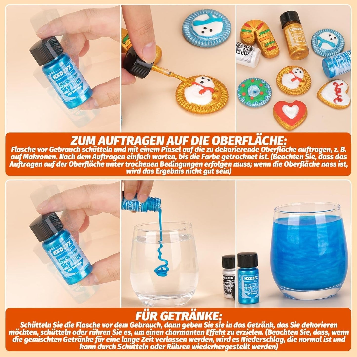 Essbarer Glitzer - 3 Torten Kuchen Deko Essbare, Metallic Lebensmittelfarbe Flüssiges, Jadalny brokat Für Muffin, Koktajl, Pianki - 10Ml Naty Shop