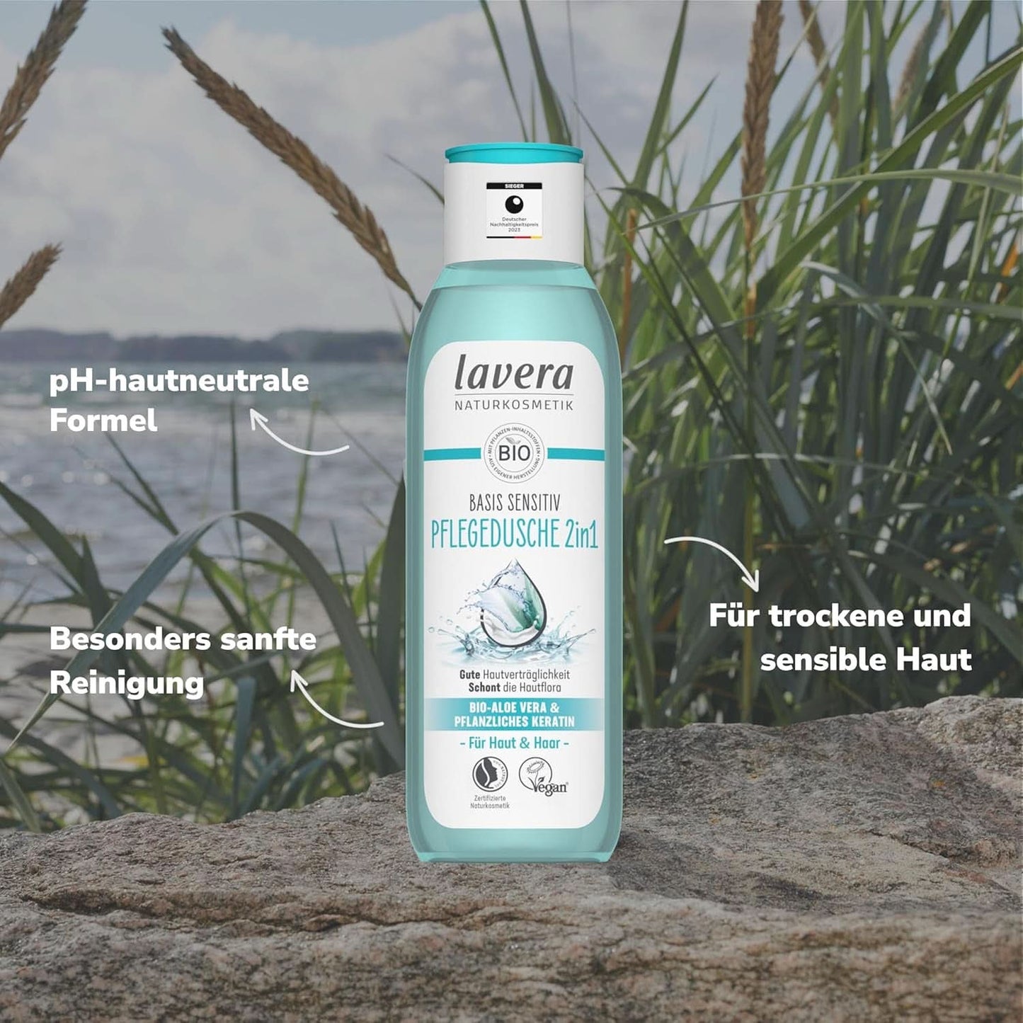 Lavera Care Basis Sensitiv 2 w 1, Szampon i żel pod prysznic z organicznym aloesem i keratyną roślinną, 250 ml Prysznic i kąpiel Naty Shop