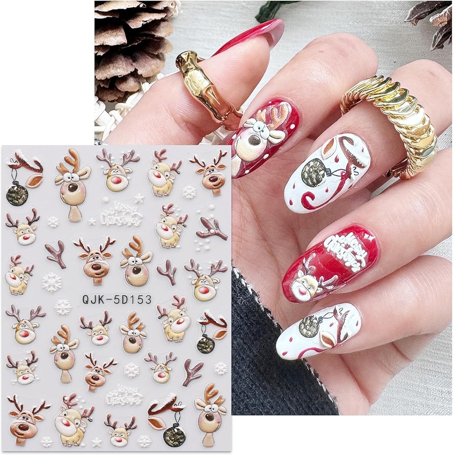 JMEOWIO 3D Nagelsticker Weihnachten Nail Art Naklejka Selbstklebend Nagelaufkleber 5D Stereoskopisch Schneeflocke Xmas Winterurlaub Niedlich Dekoration Nageldesign Zubehör 4 Blatt