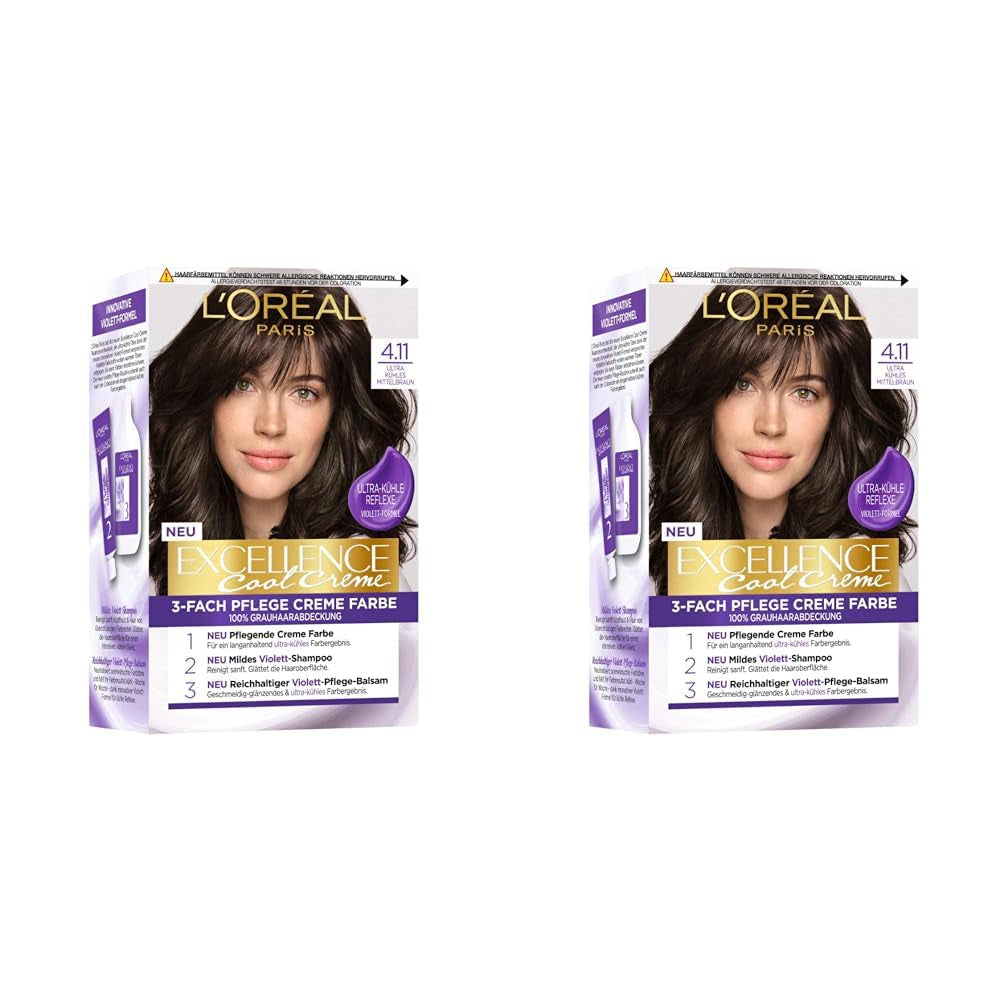 L'Oréal Paris Trwała farba do włosów dająca efekt koloru, 100% pokrycia siwych włosów, zestaw z koloryzacją, szamponem i kremem pielęgnacyjnym, Excellence Cool Creme, nr. 4.11 Ultra Cool Medium Brown (Brązowy) Domyślny tytuł farby do włosów Naty Shop
