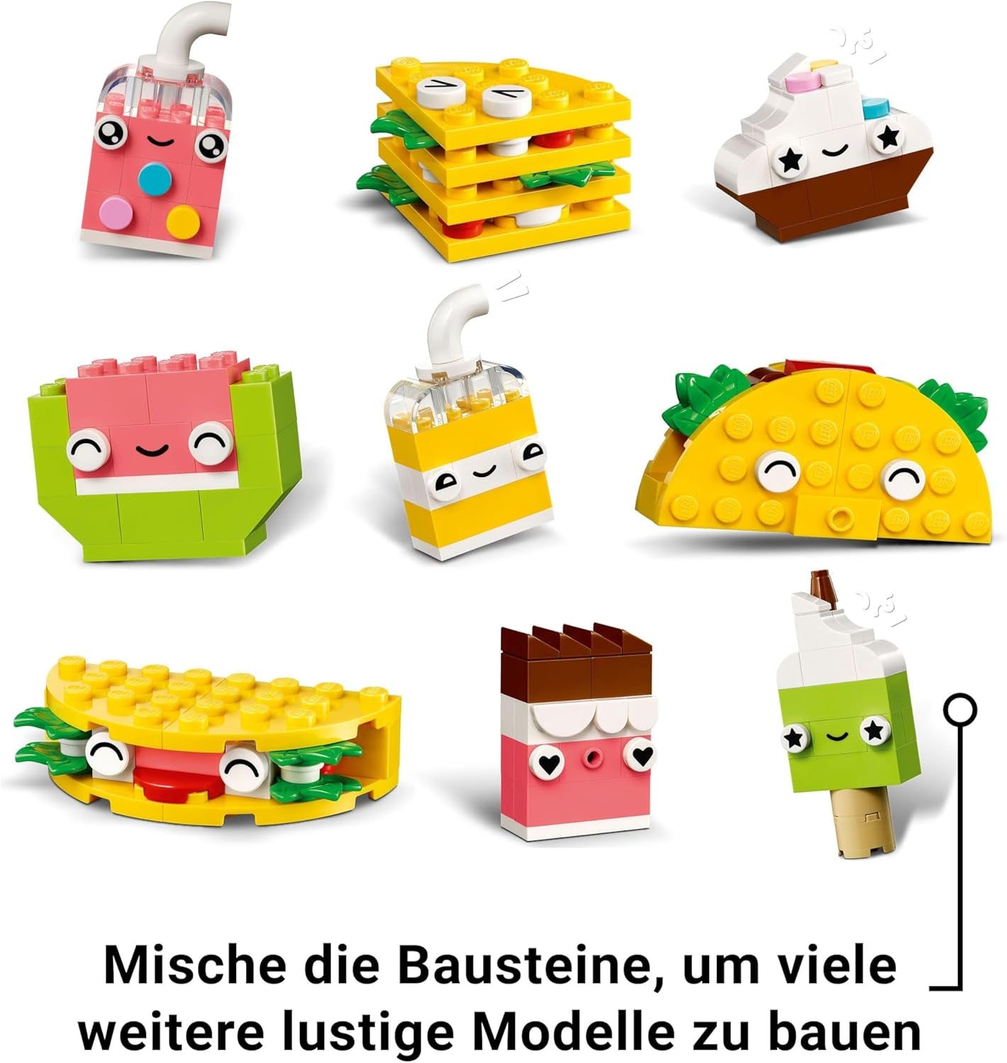 LEGO Classic Kreatywne budowanie przekąsek, zabawka w kształcie jedzenia do pomysłowego odgrywania ról, zestaw do budowania dla chłopców i dziewcząt w wieku 4 lat, babeczka, awokado, lody na patyku i taco 11039 Zestawy do budowania Besuche den LEGO-Store