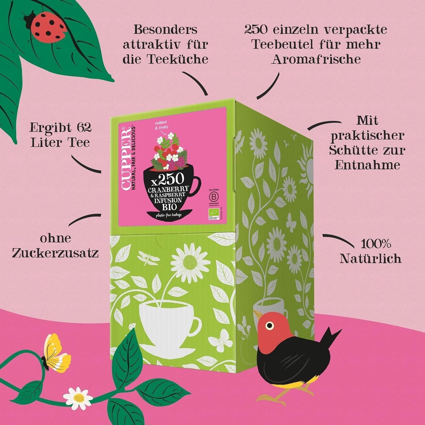 Cupper Organiczna herbata owocowa Żurawina Malina | Herbata malinowa | 250 niebielonych torebek herbaty | Duża paczka | Idealny do biura | Ekologiczne | Sprawiedliwy handel