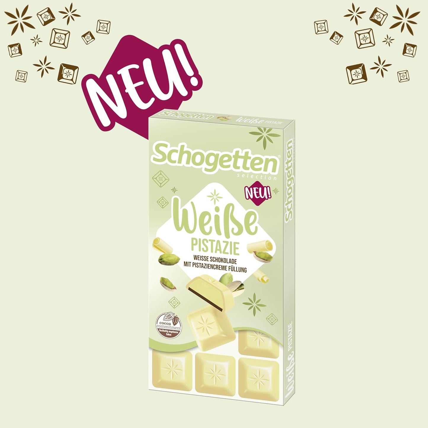 Schogetten Biała Pistacja | Biała czekolada z nadzieniem z kremu pistacjowego | 100 g | Wygodnie porcjowane (zestaw 3 szt.)