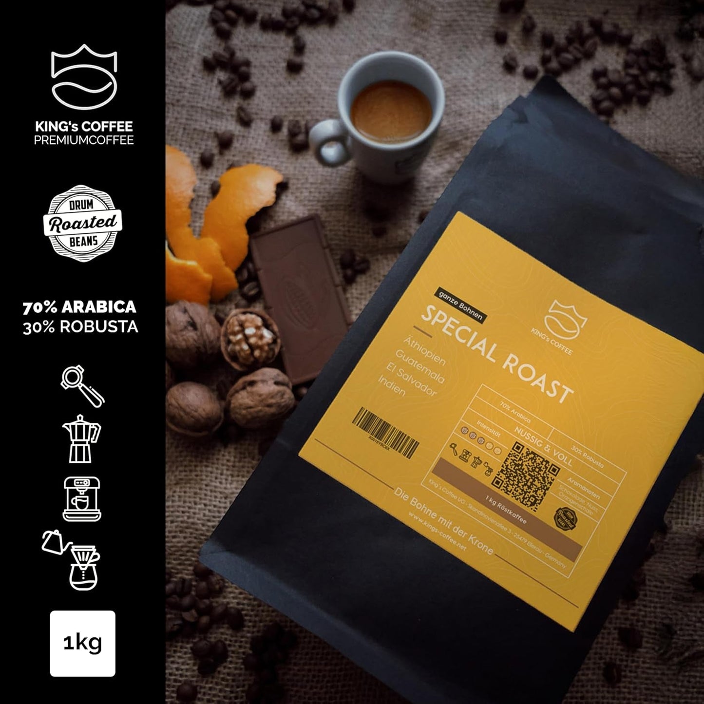 KAWA KING'S - SPECIAL ROAST - 1 kg Ziarna espresso Barista Premium - Kawa o niskiej kwasowości - Palenie małych partii we Włoszech - Najlepsza mieszanka arabiki i Robusty do maszyn w pełni automatycznych i ekspresów z kolbą