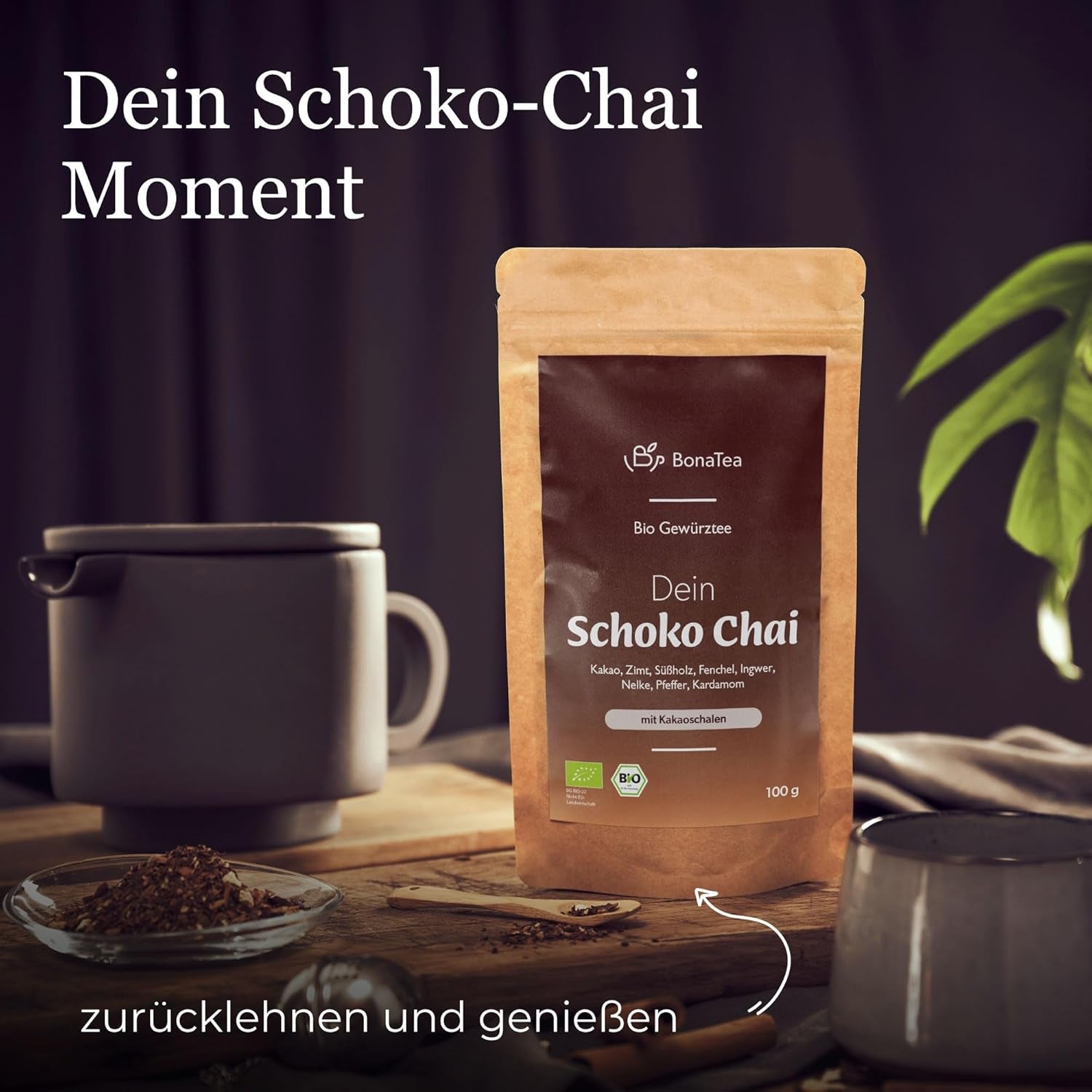 BIO Schoko Chai Herbata przyprawiona bez cukru, z ziarenkami kakao, cynamonem, lukrecją i innymi aromatycznymi przyprawami Chai, 100 g