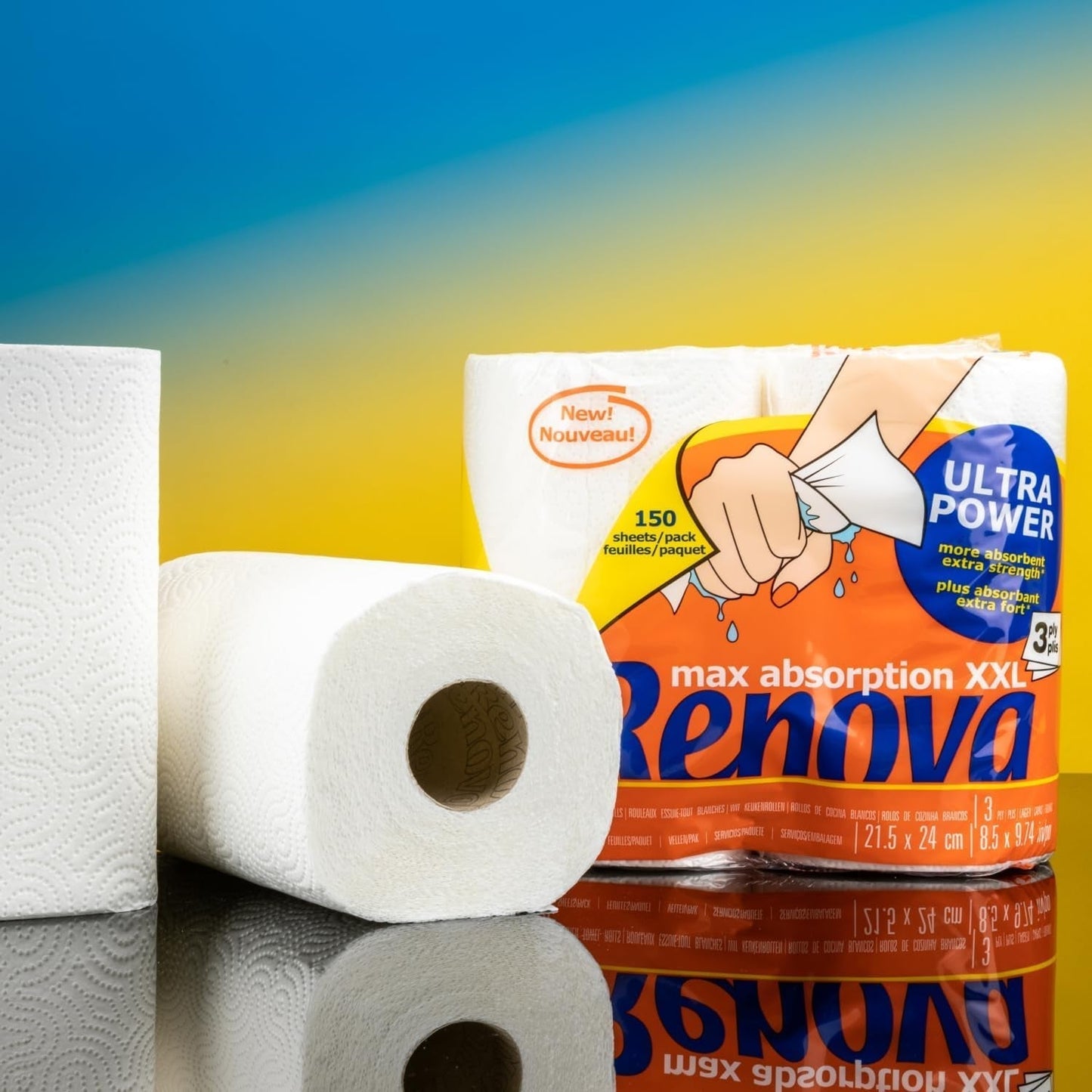 Roladki kuchenne Renova Renova Ultrapower | 24 rolki XXL = 60 rolek standardowych | 3 warstwy ultrachłonne i o maksymalnym oporze | Papier z certyfikatem Fsc