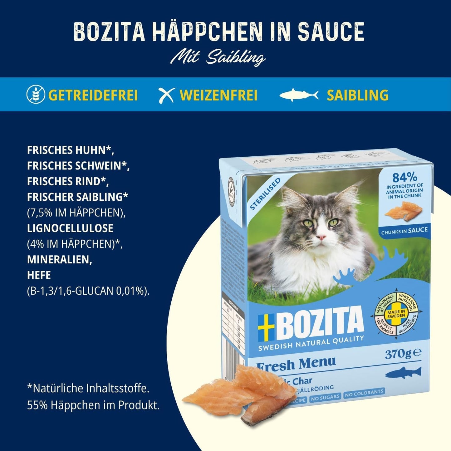 Bozita Tetra Sterylizowane kawałki w sosie węglowym - 6 x 370g Bezzbożowa i bezcukrowa mokra karma dla kotów - bez GMO, o zawartości białka 8,5% i tłuszczu 4,5% - wysokiej jakości i wyjątkowo smaczna