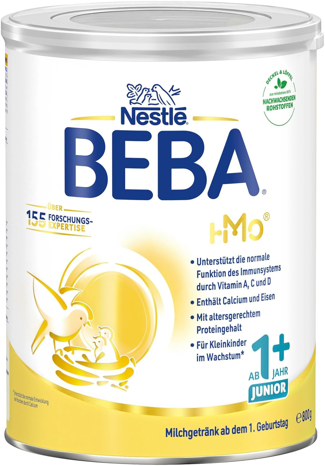 BEBA Junior 1+ napój mleczny od 1. roku życia, z HMO, zawartość białka dostosowana do wieku, tylko laktoza, bez oleju palmowego, bez oleju rybnego, pokarm dla małych dzieci, mleko w proszku dla dzieci, opakowanie 3 szt. (3 x 800 g)