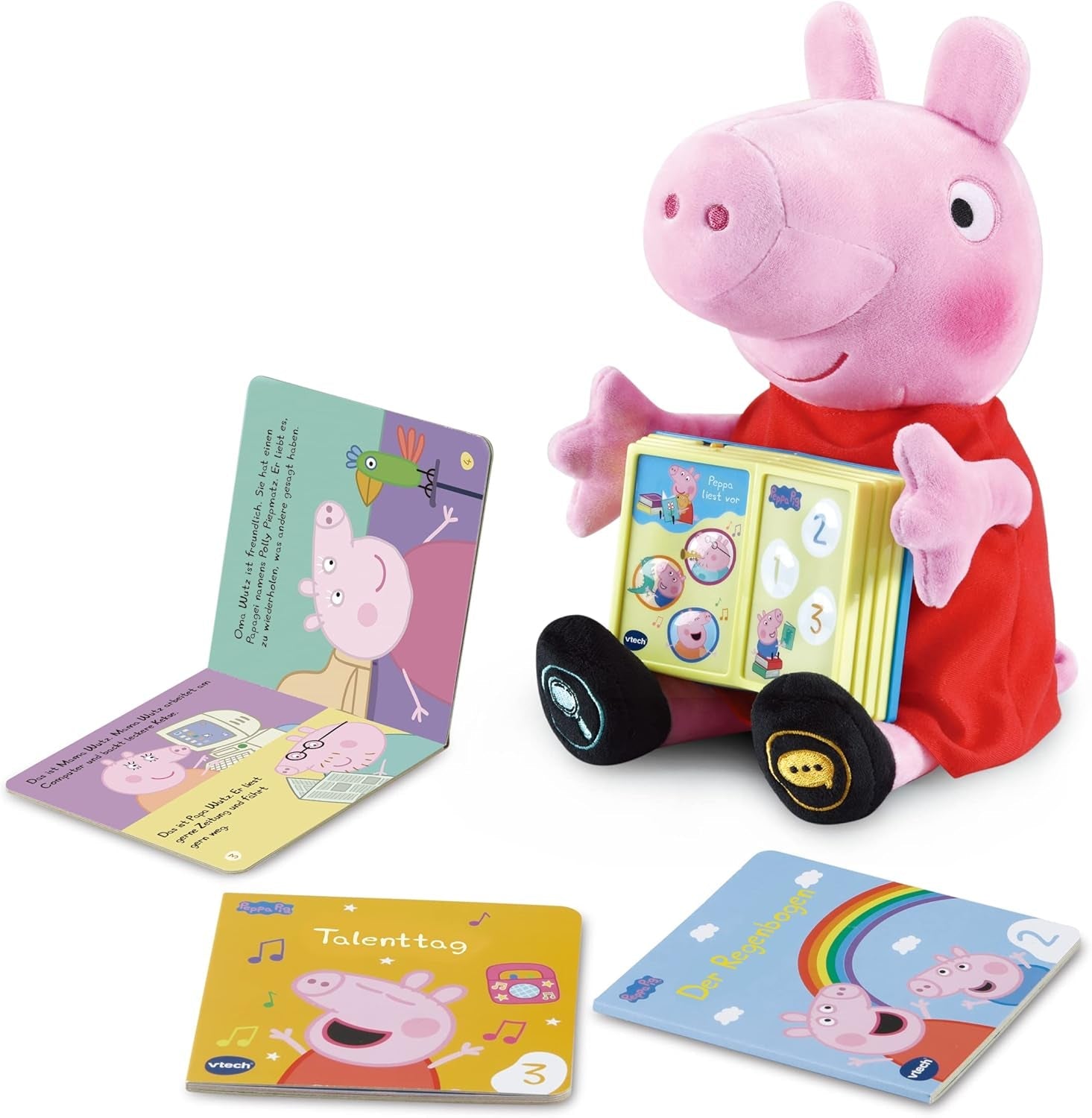 Vtech Peppa Read Aloud - Interaktywna pluszowa Peppa Wutz, która czyta książki na głos - W zestawie 3 mini książeczki - Z 20 piosenkami i efektami dźwiękowymi - Dla dzieci w wieku 2-5 lat Bebe Naty Shop Toys Domyślny tytuł