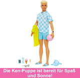 Barbie Ken – lalka blondynka w niebieskiej koszuli i fartuchu kąpielowym, akcesoria plażowe i piłka plażowa do kreatywnej zabawy, od 3 lat, HPL74