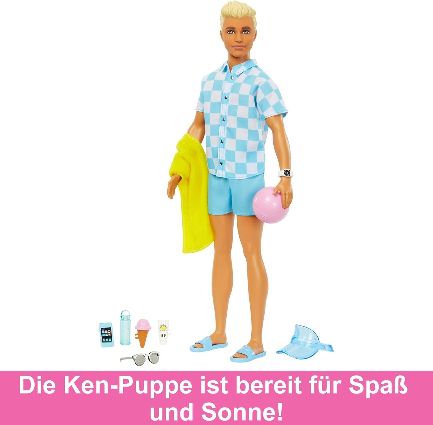 Barbie Ken – lalka blondynka w niebieskiej koszuli i fartuchu kąpielowym, akcesoria plażowe i piłka plażowa do kreatywnej zabawy, od 3 lat, HPL74