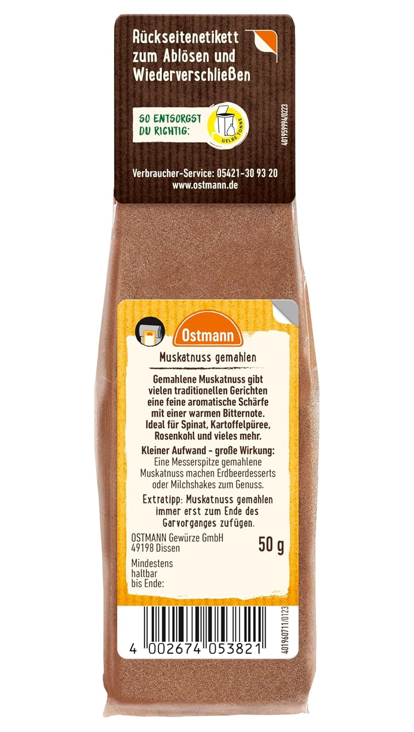 Ostmann Gewürze - Muskatnuss gemahlen | Idealny do dodawania smaku potrawom ziemniaczanym Zum Nachfüllen der Streudose | Zamykana torebka 50 g