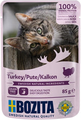 Bozita Pouch Mokra karma z kawałkami w sosie i indykiem – 12 porcji x 85 g Karma dla kotów bez zbóż i pszenicy – ​​Mokra karma dla dorosłych kotów z 8,5% białka i 4,5% tłuszczu