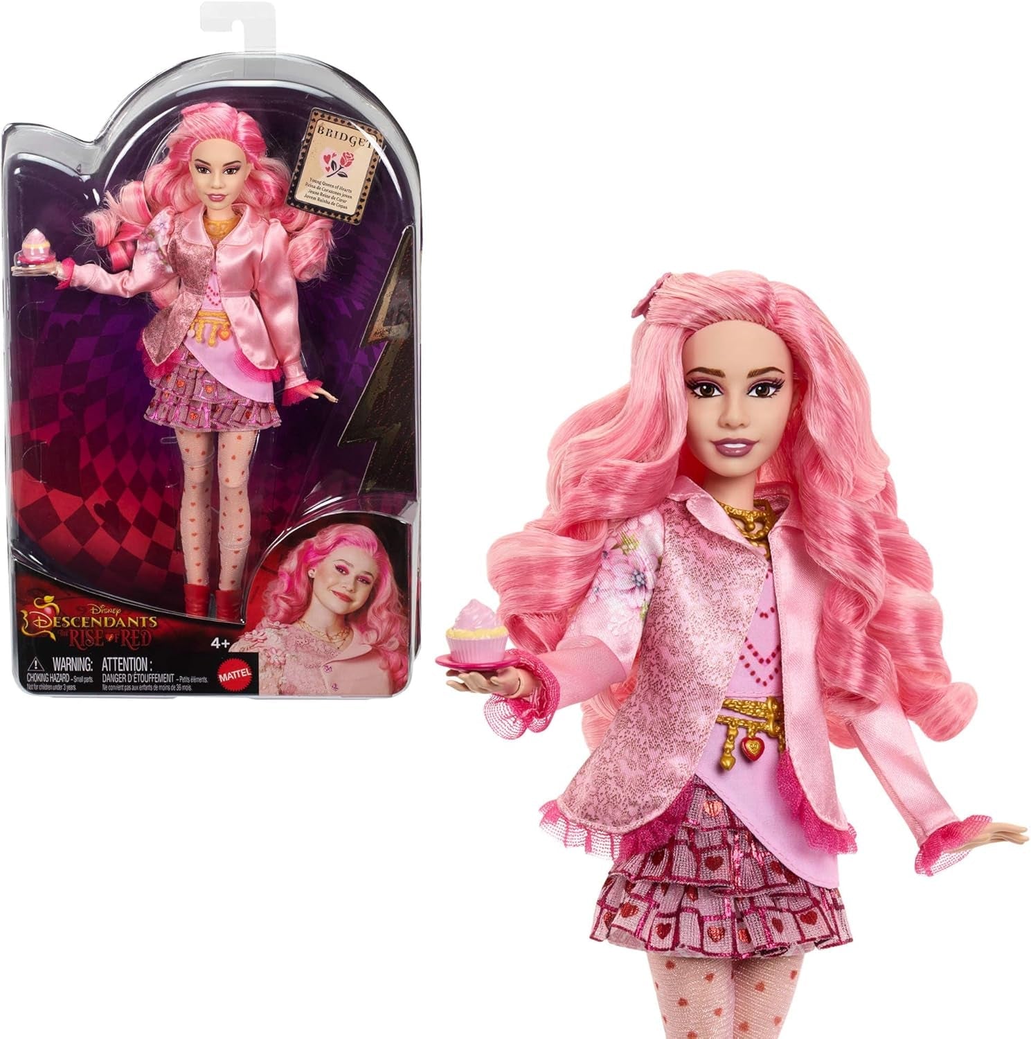 Mattel Disney Descendants: The Rise of Red Modepuppe i akcesoria – Bridget, młoda Herzkönigin, z inspirującym filmem Kleidung i Cupcake, HWT91