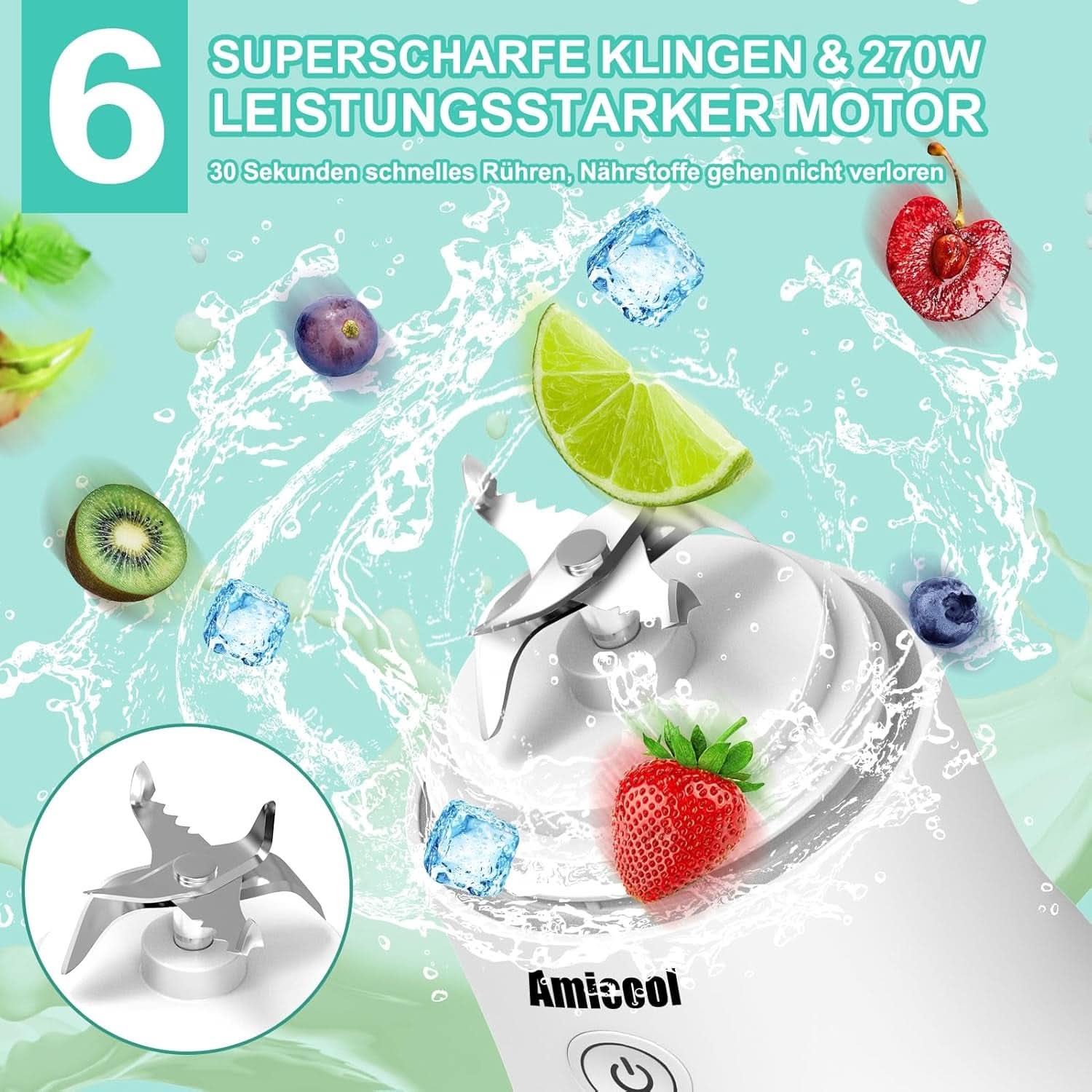 Mikser Smoothie Maker to Go, Mini Standmixer Tragbar Mit 6-Klingen Edelstahl, Enstafter Mit Reisedeckel, Przenośny blender USB Elektrisch 600Ml Butelka, Mikser Shaker Slushy Maker Wasserdichter Bucatarie Naty Shop