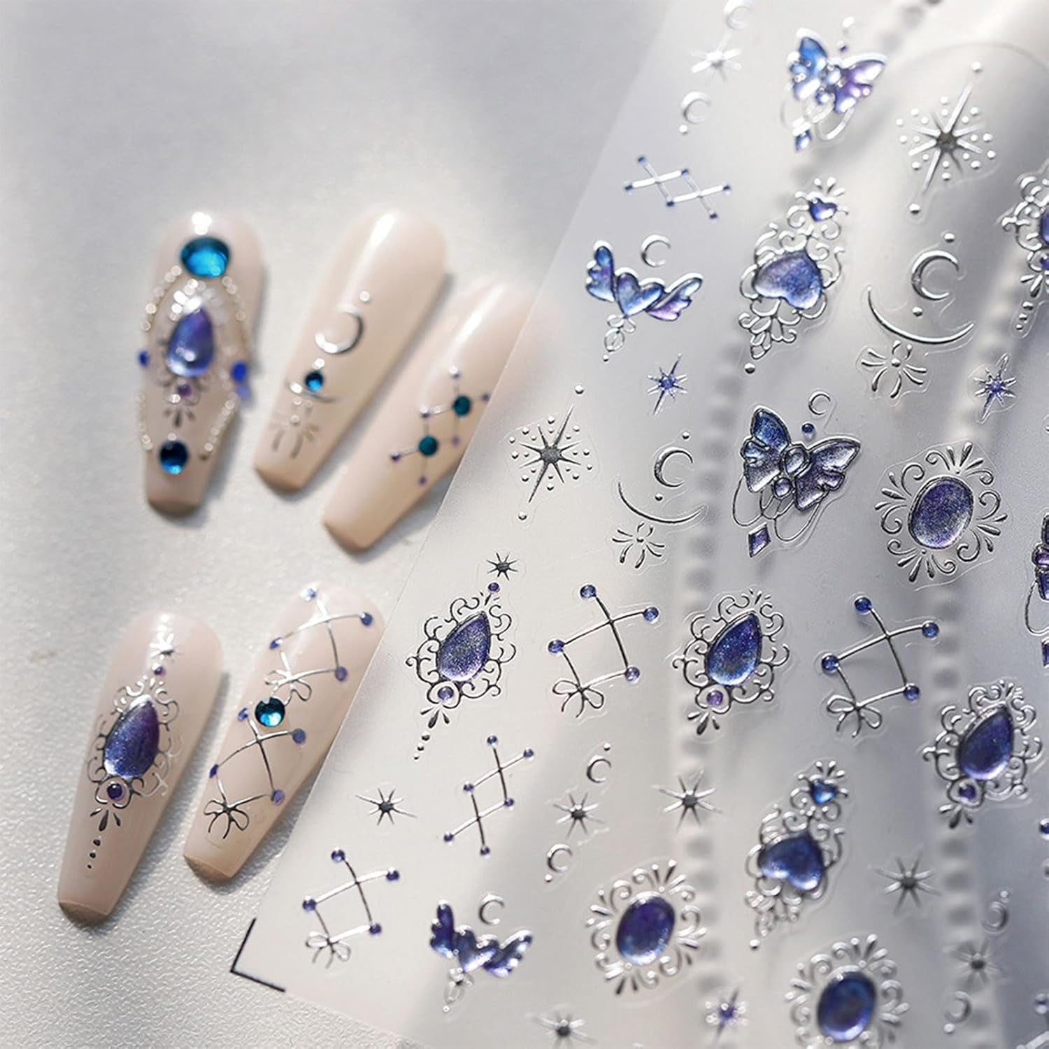 JMEOWIO 3D Nagelsticker Blauer Nail Art Naklejka Selbstklebend Nagelaufkleber 5D Stereoskopisch Mondstern Dekoration Nageldesign Zubehör 1 Blatt