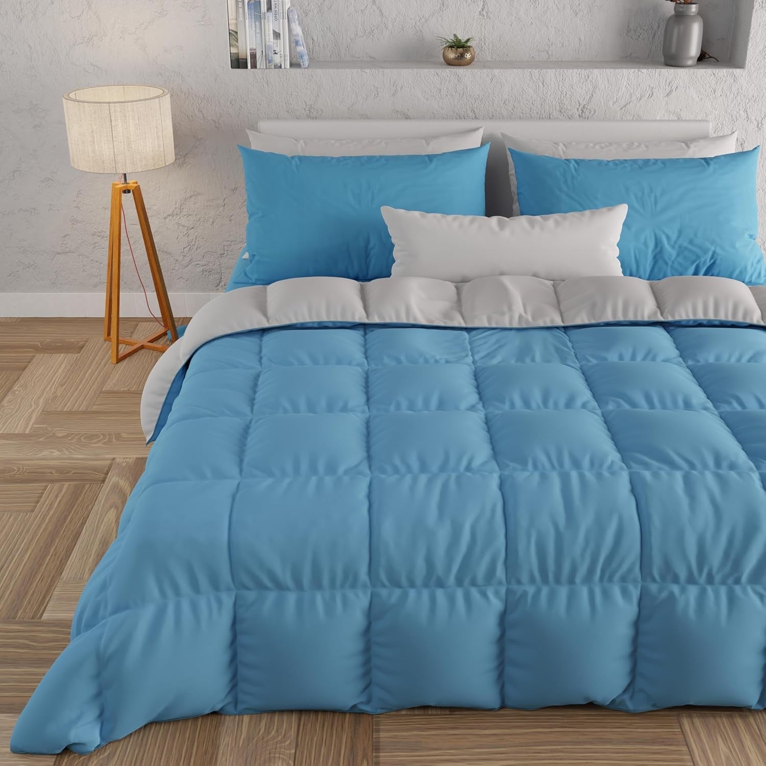 PETTI Artigiani Italiani - Podwójna kołdra zimowa, maxi, monochromatyczna, dwustronna, biała, szara, 100% Made in Italy Kołdry i kołdry Naty Shop Jasnoniebieski Szary Una Piazza E Mezza