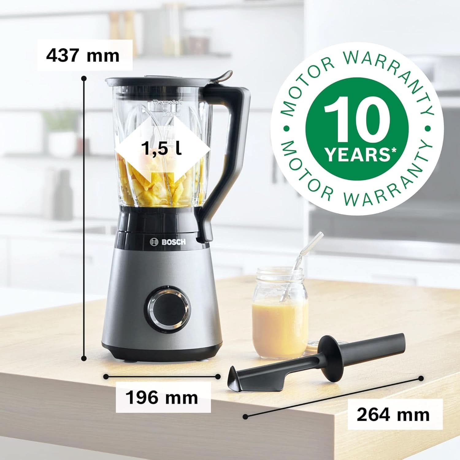 Mikser stojący Bosch Vitapower Serie 4 MMB6172SN, wersja Verbesserte, 10 Jahre Motorgarantie, Edelstahl-Klingen, 1,5 l Glasbehälter, Spülmaschinenfeste Teile, 30 000 U/Min, 1200 W, Silver Kitchen Naty Shop