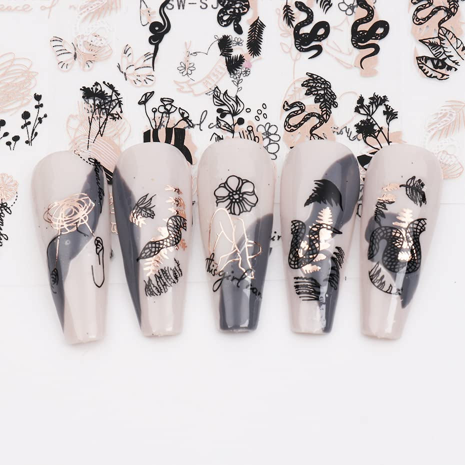 JMEOWIO Nagelsticker Różowe złoto Schwarze Blume 12 Blatt Nail Art Naklejka Selbstklebend Nagelaufkleber Frühlings Linie Abstraktes Blatt Dekoration Nageldesign Zubehör