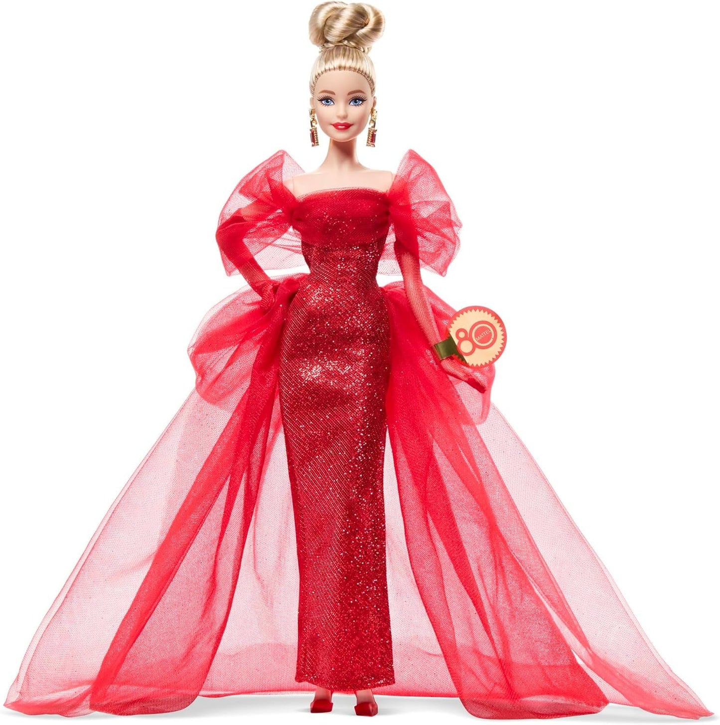 Lalka Barbie Signature 80. rocznica Mattel Figurka kolekcjonerska w błyszczącej czerwonej tiulowej sukience z kolczykami w kształcie łezki i delikatnymi rękawiczkami Blond włosy JBJ17