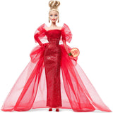 Lalka Barbie Signature 80. rocznica Mattel Figurka kolekcjonerska w błyszczącej czerwonej tiulowej sukience z kolczykami w kształcie łezki i delikatnymi rękawiczkami Blond włosy JBJ17