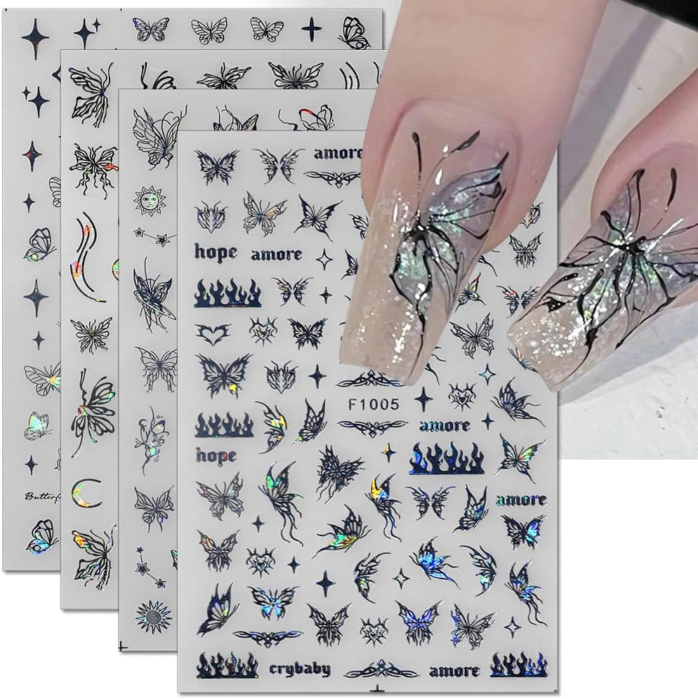 4 Blätter Holographisch Laser Weiß Schmetterling Nagelsticker,Y2K Aurora Schmetterlinge Stern Nail Naklejka 3D Flamme Herz Nageldesign Nagelsticker Selbstklebend Nagel Naklejka Nagel Zubehör Nail Art
