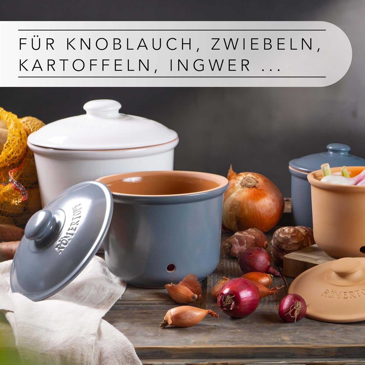 Garnek na czosnek Römertopf Świeży garnek wykonany z naturalnej gliny zapewniający długi okres przydatności do spożycia żywności, np. czosnku Ø 12,5 cm biały Pudełka do przechowywania żywności Naty Shop
