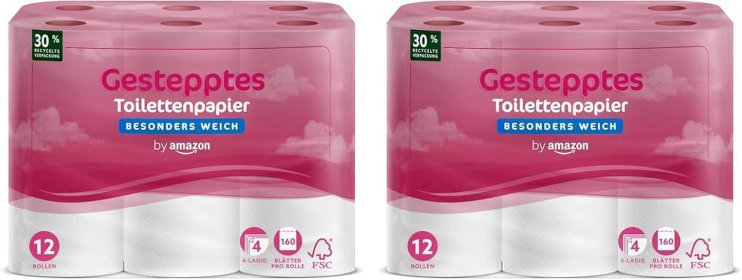 Papier toaletowy Amazon, 4-warstwowy pikowany, wyjątkowo miękki, 48 rolek (12 rolek, opakowanie 4), 160 arkuszy w rolce, certyfikat Fsc