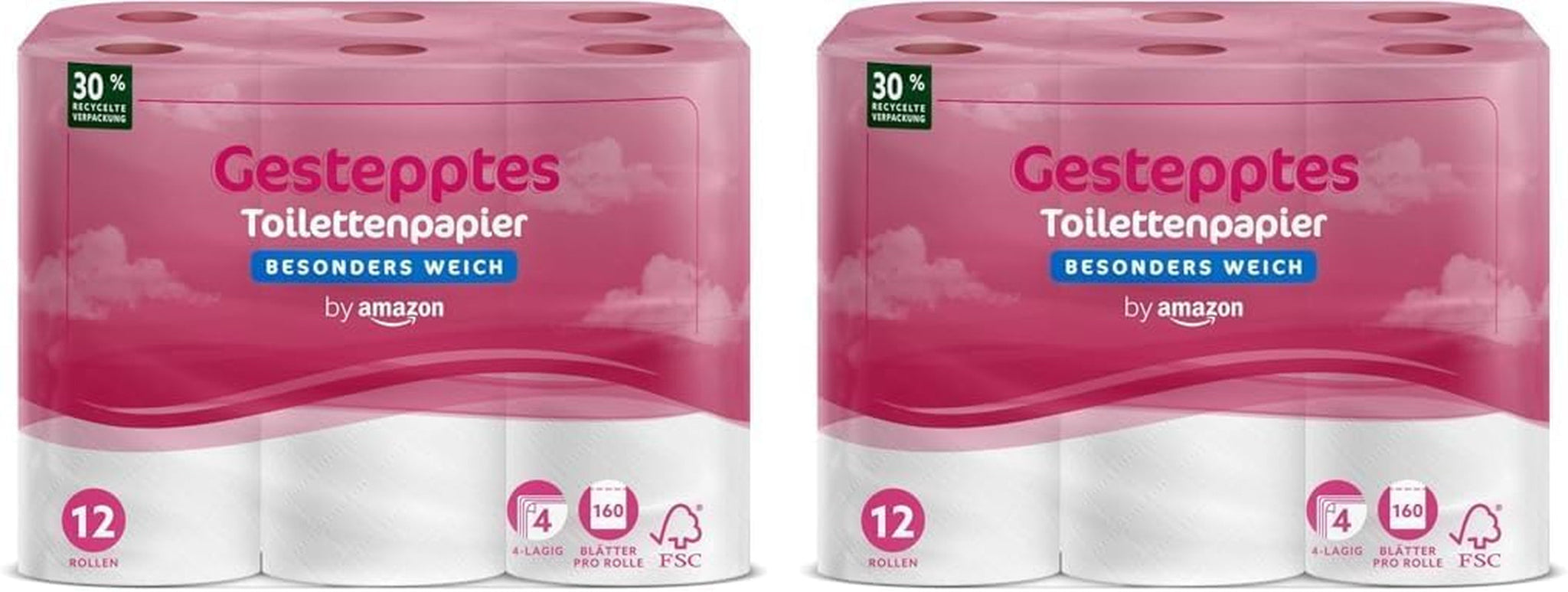Papier toaletowy Amazon, 4-warstwowy pikowany, wyjątkowo miękki, 48 rolek (12 rolek, opakowanie 4), 160 arkuszy w rolce, certyfikat Fsc