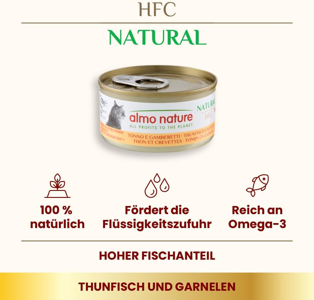 Almo Nature HFC Naturalna mokra karma dla kotów - tuńczyk i krewetki, opakowanie 24 szt. (24 x 70 g)